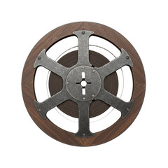 Naklejka premium Vintage wooden film reel with dark steel spokes and winding film strip centered on a minimalist white studio background. Concept of classic cinema nostalgia