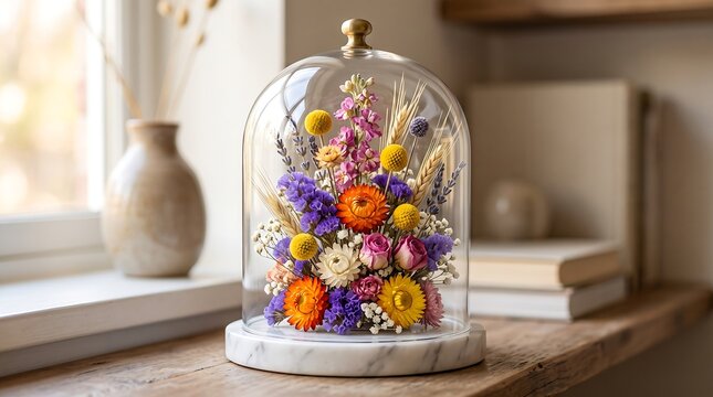 Decorative Preserved Dried Flower Arrangement Under Glass Cloche