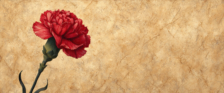 Single red carnation flower with green stem on aged parchment background, symbol of love and remembrance with vintage texture