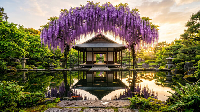 Traditional Japanese pavilion under blooming purple wisteria arch over a serene koi pond