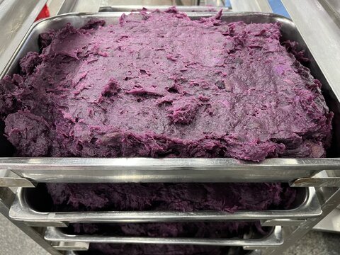 Cooked purple sweet potato filling transferred into a stainless steel tray after industrial cooking. Prepared filling ready for cooling and further use in bakery, steamed buns, pastries, and commercia