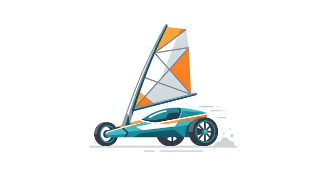 Dynamic vector illustration of a land sailing yacht moving fast. Concept of sand yachting, extreme sports, and wind-powered land vehicles.