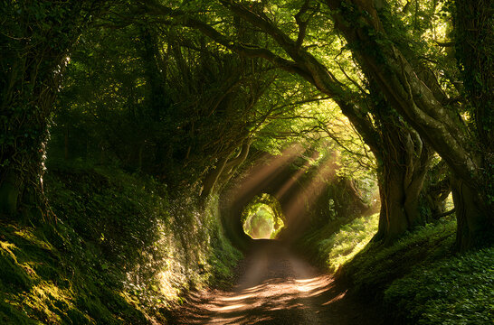 In the Halnaker tree tunnel in West Sussex, UK, sunlight filters through the canopy. This ancient route aligns with the path of Stane Street, the historic road from London to Chichester.