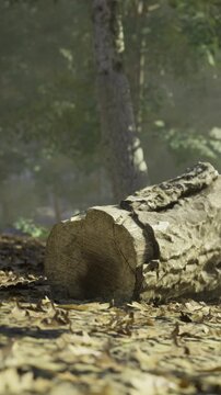A thick fallen log lies peacefully on the forest floor, surrounded by vibrant autumn leaves. Sunlight filters through the trees, creating a tranquil atmosphere of natures beauty.