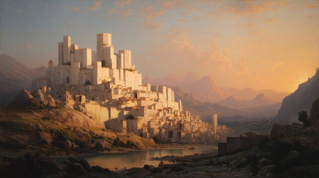 A majestic, intricately designed castle atop a rocky hill, bathed in the warm glow of sunset. The castle features towering white structures and a sprawling settlement that cascades down the hillside.