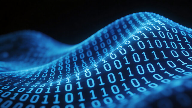 Binary code wave on dark background