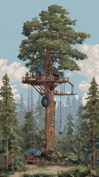 A whimsical treehouse perched high among towering pine trees, featuring a rustic design with a small blue roof and wooden structures. The tree is thick and majestic, with swings and a tire hanging fr