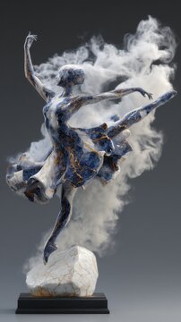 A beautifully crafted sculpture of a ballerina captured mid-dance, composed of a striking blend of blue and gold marble, emanating an ethereal feeling with wisps of white smoke curling around the fig