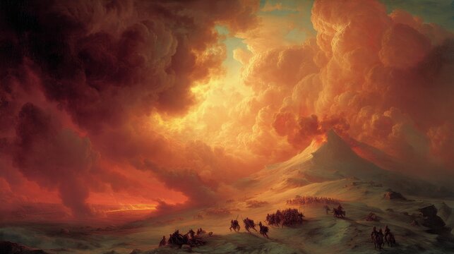 A dramatic landscape painting featuring a fiery sunset, with vibrant orange and red hues filling the sky, contrasted by dark, ominous clouds. In the foreground, a group of silhouetted riders on horse