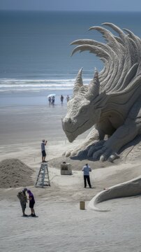 A large, intricately carved sand sculpture of a dragon dominates the beach, showcasing detailed scales and fierce features. Artists work around the sculpture, with one person on a ladder taking photo