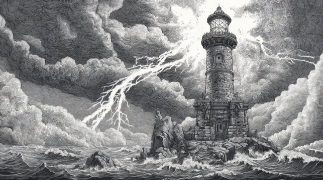A dramatic black and white illustration of a lighthouse standing boldly on a rocky outcrop amidst tumultuous seas. The sky is filled with swirling clouds and lightning strikes, creating a sense of te