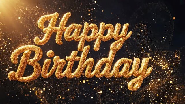 Velvet gold Happy Birthday text glowing softly in rich golden hour light for luxurious festive party concepts.