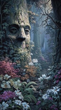A mystical scene depicting an ancient tree with a face subtly integrated into its bark, surrounded by vibrant flowers of various colors. The soft lighting creates an ethereal atmosphere, with a multi