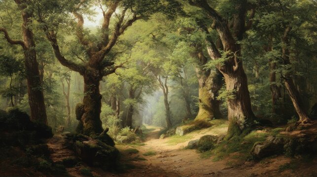 A serene forest landscape depicting tall, ancient trees with lush green foliage. Sunlight filters through the branches, casting soft light onto a winding dirt path that leads deeper into the woods. T