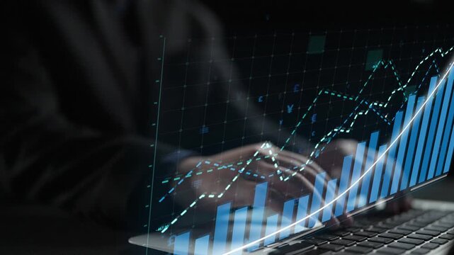 Professional businessman analyzes financial data on a laptop, with digital graphs illustrating growth trends and key performance metrics in a modern office setting. Copula