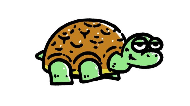 Horizontal 4K cartoon video. Loop hand drawn line art doodle sketch animation for kids. Cute tired turtle with shell walks on white. Concept of rest, pet care, zoo, relax, wild life, calm, animal