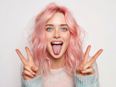 Pink Hair Woman Peace Sign Portrait Photo