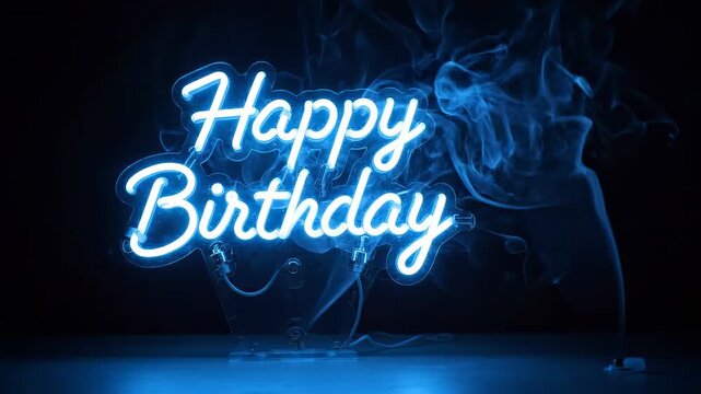Vibrant neon blue Happy Birthday lettering pulsing gently for electric dynamic celebration and party concepts.