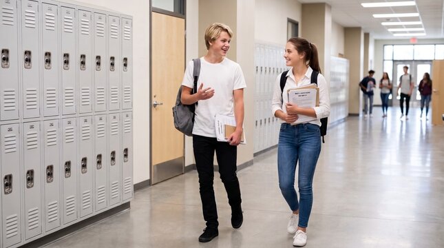 Two High School Students Walking Together Along School Hallway, Education, Learning, Friendship and Academic Life Concept
