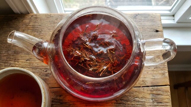 Clear glass teapot filled with red rooibos herbal tea brewing on rustic wooden table surface.