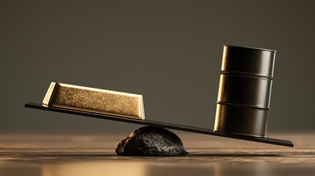A gold bar and an oil barrel balanced on opposite ends of a seesaw-like plank over a rock, symbolizing the balance between precious metals and oil.