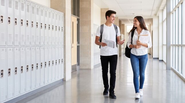 Two High School Students Walking Together Along School Hallway, Education, Learning, Friendship and Academic Life Concept