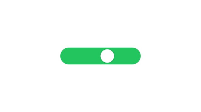 Animated toggle switch turning on, gray to green, isolated on white, 6-second smooth transition, symbolizing activation.