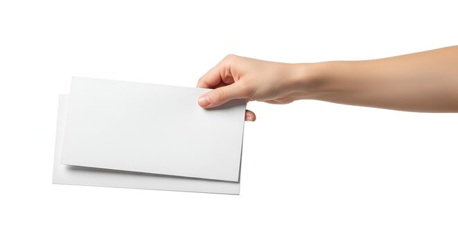 Hand holding a blank white rectangular paper card isolated on white