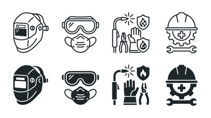 Fototapeta premium Professional welding protection and occupational safety icons for construction industry with protection, respirator