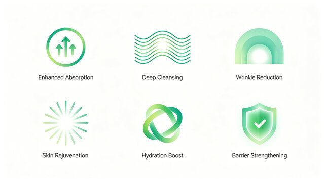 Fresh light green gradient skincare icon array, promoting absorption, locking water, firming and repairing barriers, suitable for promoting natural plant-based skincare products and organic skincare.
