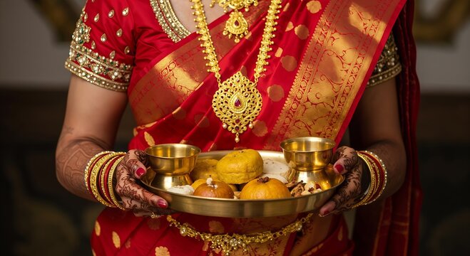Hariyali Teej Woman in Traditional Indian Saree Holding Brass Plate with Sweets during Cultural Celebration