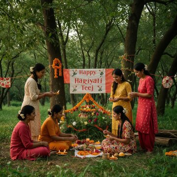 Hariyali Teej Women Celebrating Festival in Forest