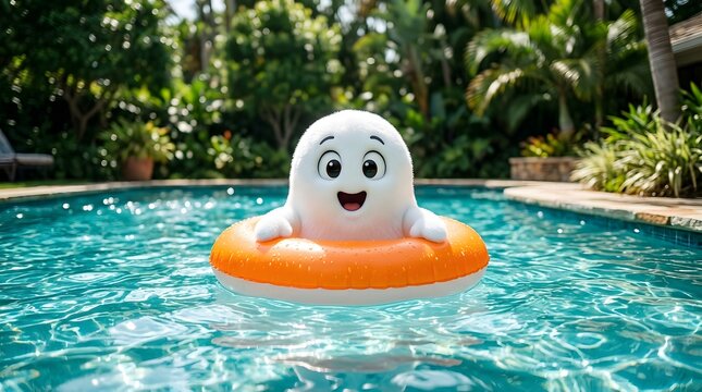 A cute cartoon ghost floating in an orange pool ring wishing everyone a very happy halloween holiday