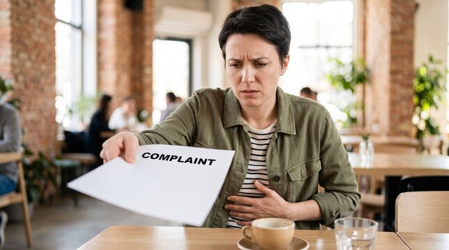 Woman suffering stomach pain holding complaint letter in cafe