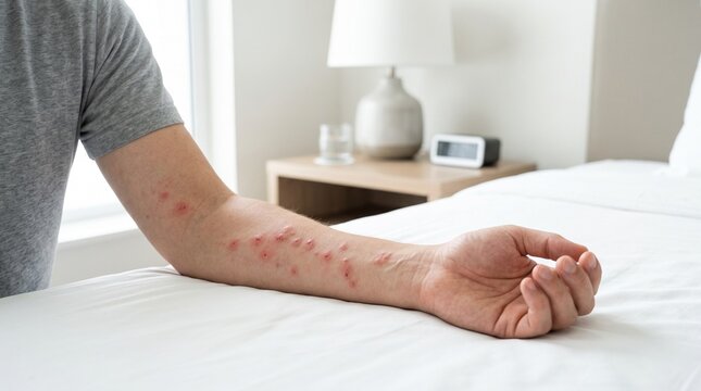 Man with bedbug bites on arm in hotel bedroom