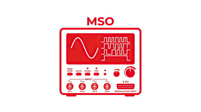 Red Oscilloscope with Digital and Analog Waveforms