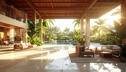 Fototapeta premium Luxurious indoor pool surrounded by warm wood architecture, tropical greenery, and soft natural light, offering a serene oasis for relaxation and upscale resort living.