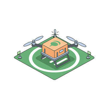 Isometric delivery drone with package on landing pad