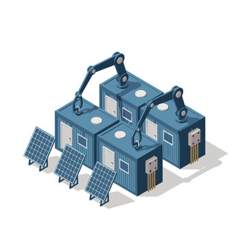 Isometric Modular Smart Home with Solar Panels and Robotic Arms