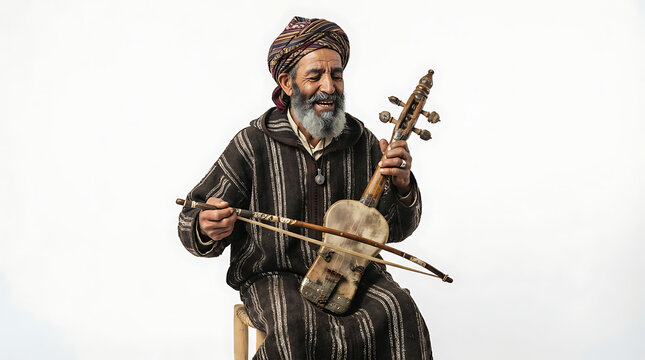 Traditional Moroccan musician in a striped djellaba playing the rebab sitting on a stool.