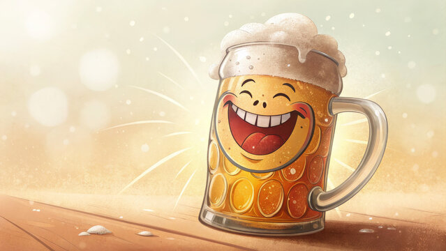 This is a cute cartoon illustration of a laughing anthropomorphic beer mug topped with frothy foam, placed on a wooden surface against a warm glowing bokeh background.

