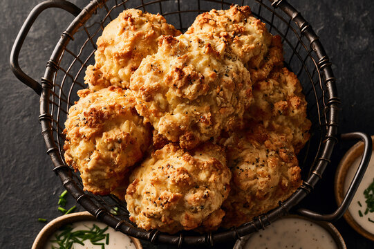 dark metal wire basket holding a mound of textured drop biscuits