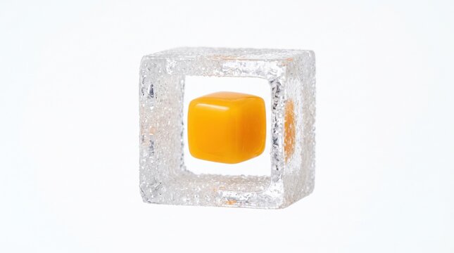 Glossy orange cube encased within a frosted glass hollow block displays subtle reflections and clean studio lighting.