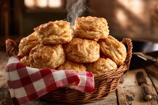 rustic wicker basket brimming with steaming buttermilk biscuits