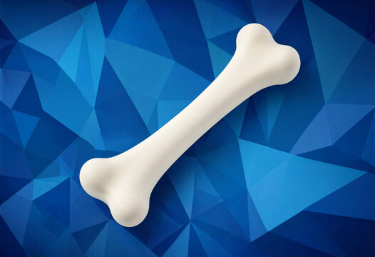 Cartoon-style white bone illustration on abstract polygonal blue background for design and healthcare concepts
