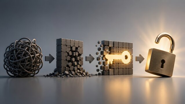 Problem solving and discovery concept showing tangled wire transforming through a breaking wall to reveal a golden key unlocking a padlock