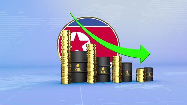North Korea Oil Prices Decline with Oil Barrels, Gold Coins and Downward Green Arrow, 3D Economic and Financial Market Concept