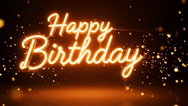 Warm amber neon Happy Birthday script pulsing subtly in atmospheric glow for cheerful party celebration designs.
