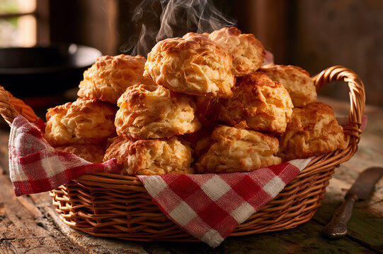 rustic wicker basket brimming with steaming buttermilk biscuits