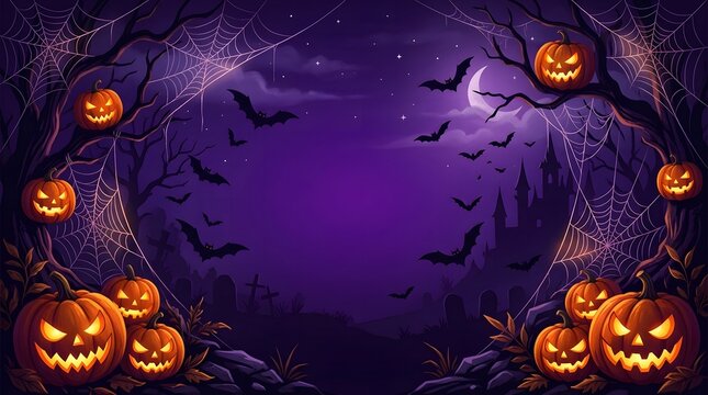Spooky happy halloween background featuring glowing jack o lanterns and flying bats in a dark purple forest